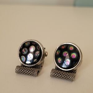 Vintage Black Glass w/ Peacock Spots Silver Tone Mesh Wrap Around Cufflinks